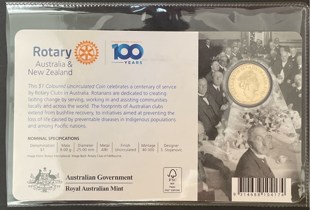$1 Centenary Of Rotary Australia Coloured Unc Dollar Ram Australian Folder Card  coin collectible [Barcode 9314688104174] - Main Image 2