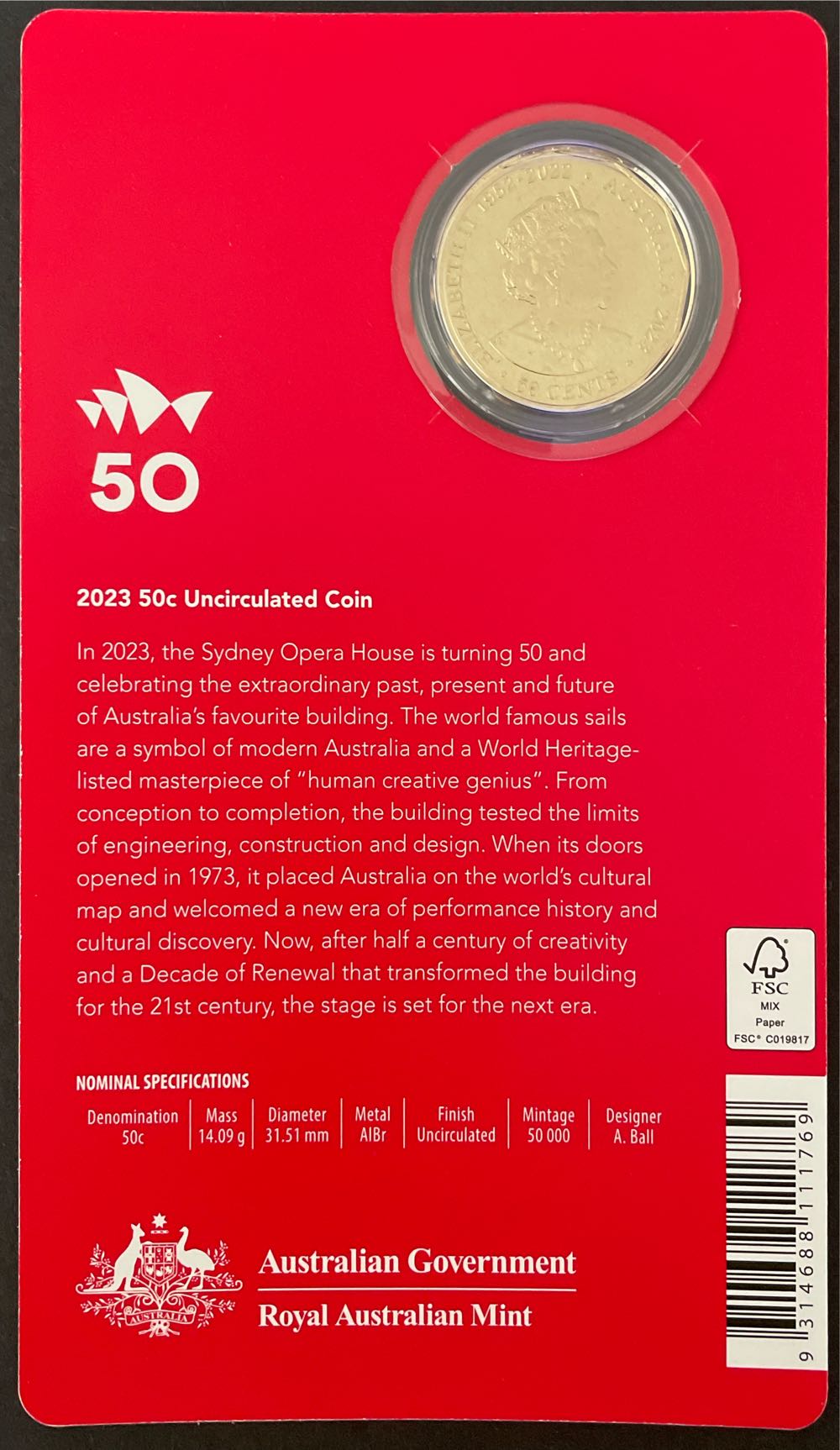 Sydney Opera House 50 50c Albr Uncirculated  coin collectible [Barcode 9314688111769] - Main Image 3