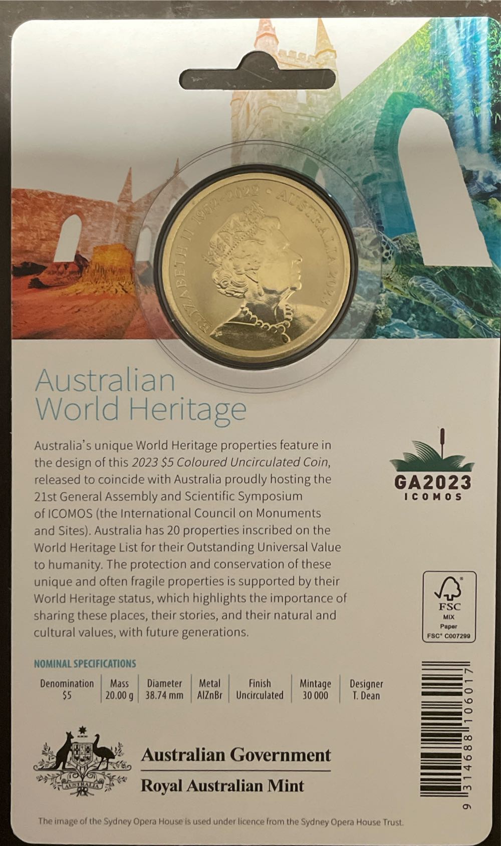 $5 2023 “Australian World Heritage” Coloured Uncirculated Coin  coin collectible [Barcode 9314688106017] - Main Image 2