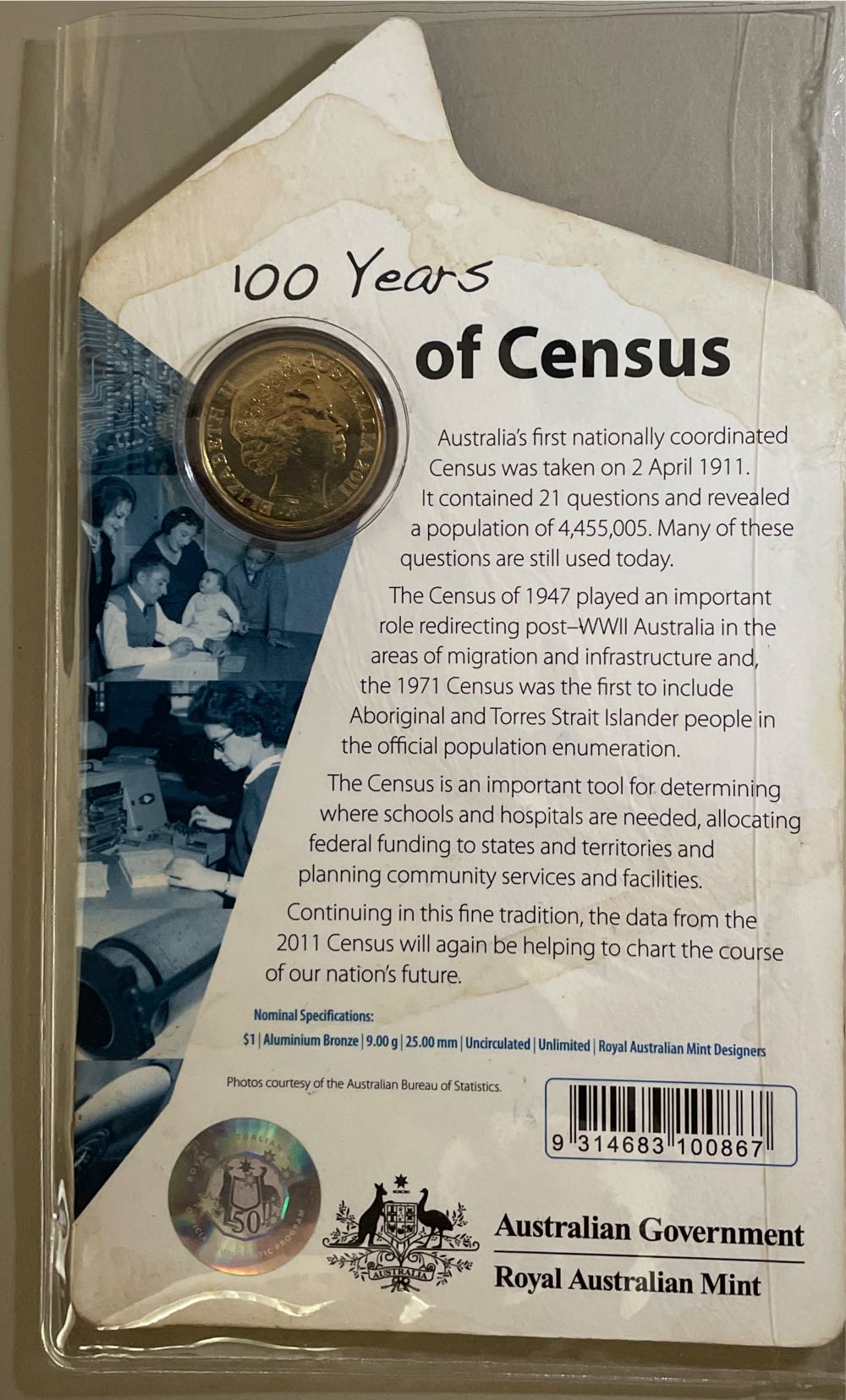 $1 100 Years Of Census On  coin collectible [Barcode 9314683100867] - Main Image 2