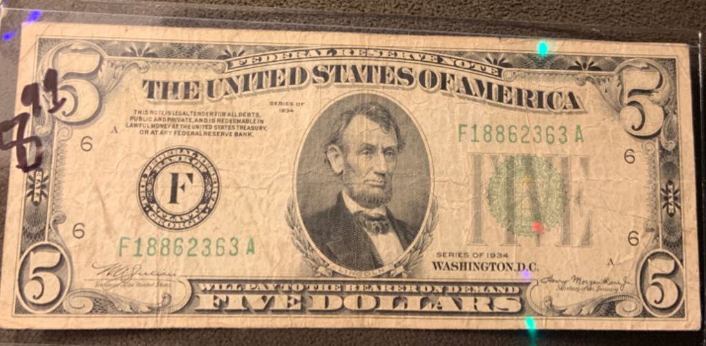 1934 $5 US Green Seal Federal Reserve Bank Note  coin collectible - Main Image 2