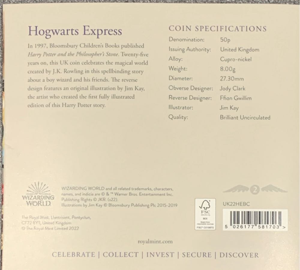 Hogwarts Express Coloured Fifty Pence Piece  coin collectible [Barcode 5026177581703] - Main Image 3