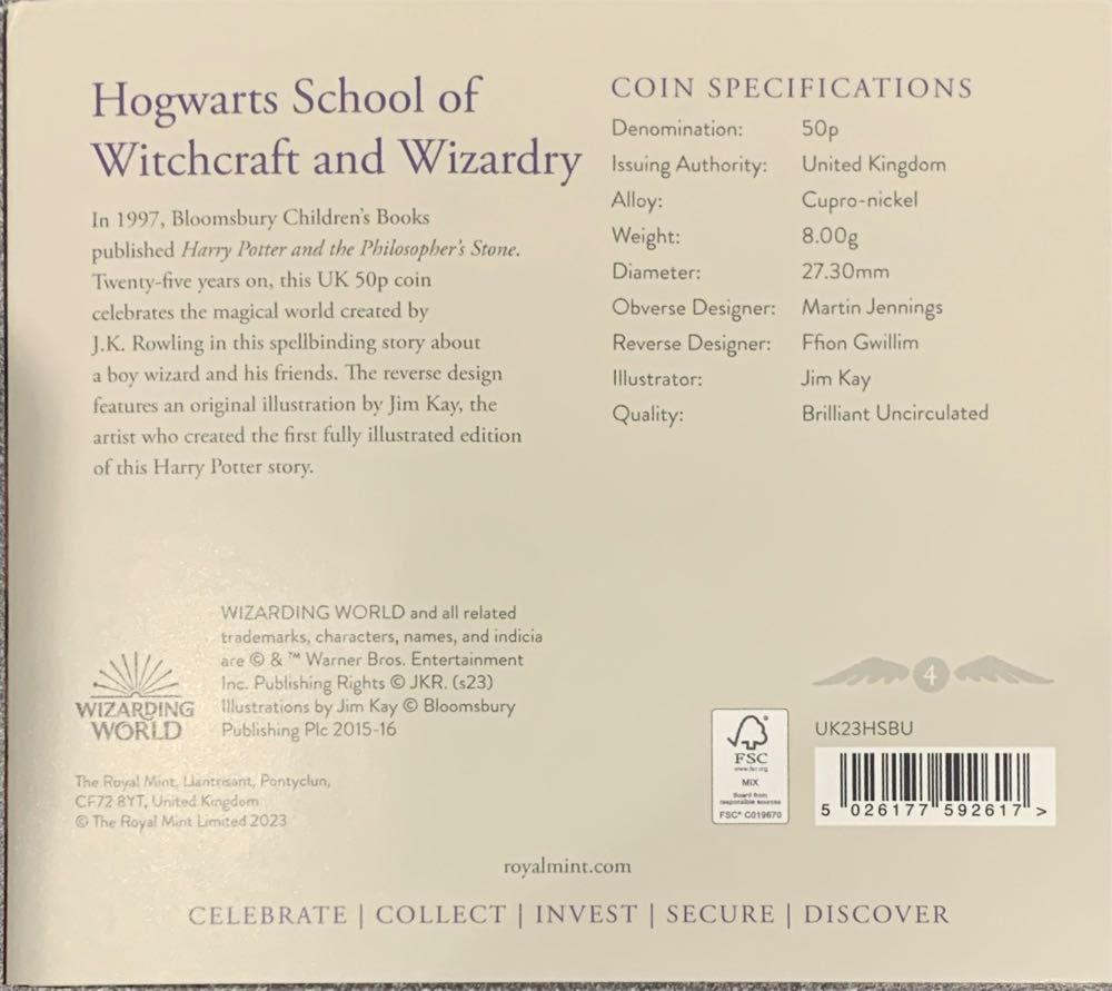 Hogwarts Harry Potter Pack Royal Mint Bu 50p Fifty Pence  coin collectible [Barcode 5026177592617] - Main Image 3