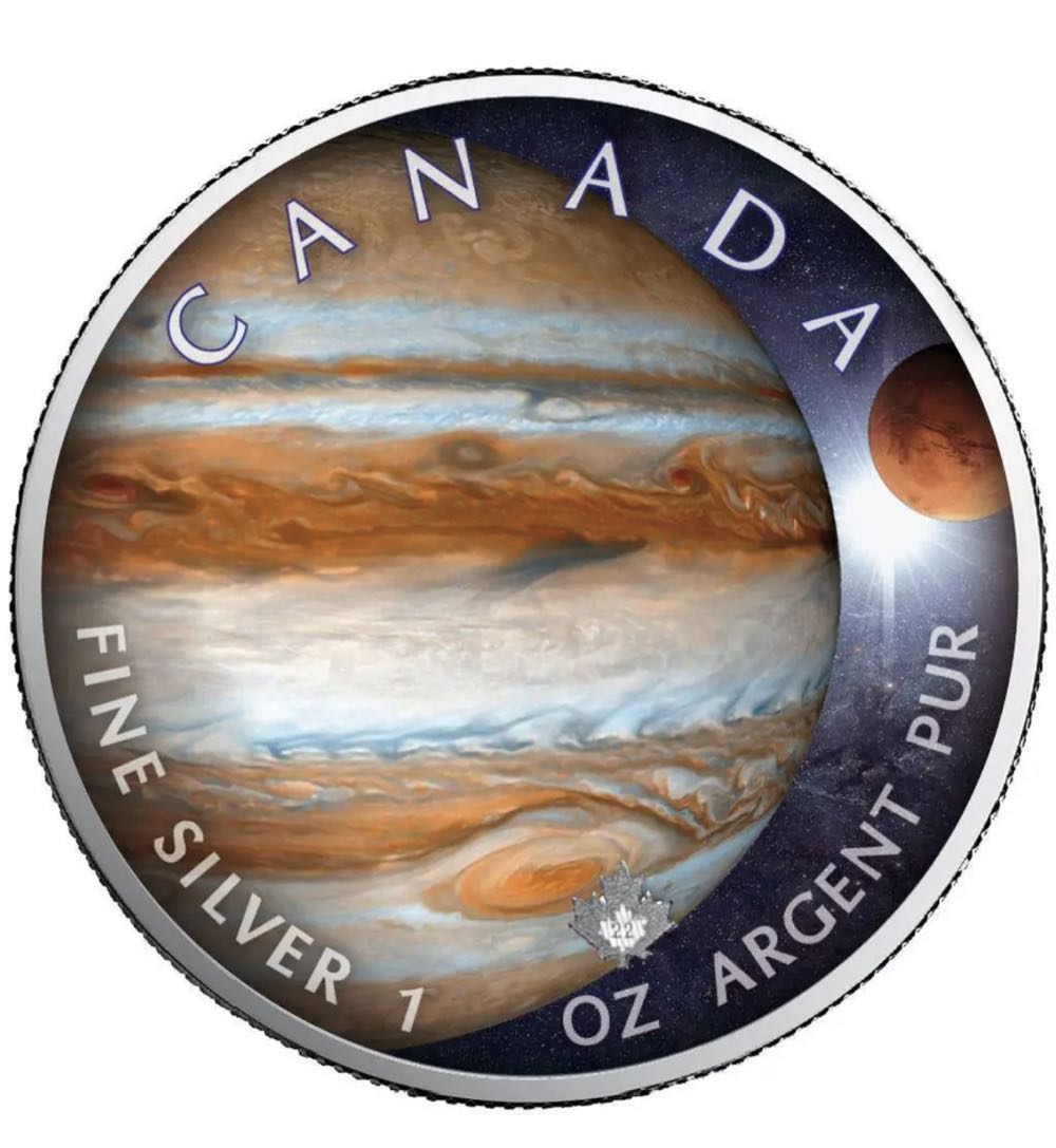 JUPITER OUR SOLAR SYSTEM MAPLE LEAF 2022 1 oz Pure Silver Color Coin In Capsule coin collectible - Main Image 1
