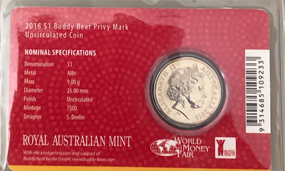 World Money Fair Buddy Bear Privy Mark $1  coin collectible [Barcode 9314685109233] - Main Image 3