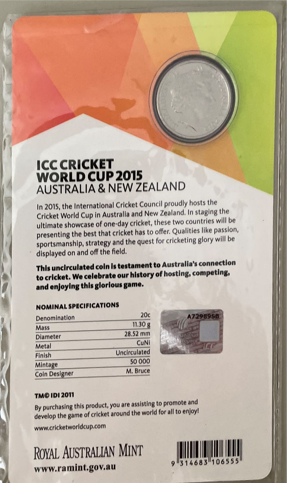 Australia: 20 Cent Cricket World Cup Cwc Collection On Card Icc .. Australia  coin collectible [Barcode 9314683106555] - Main Image 2