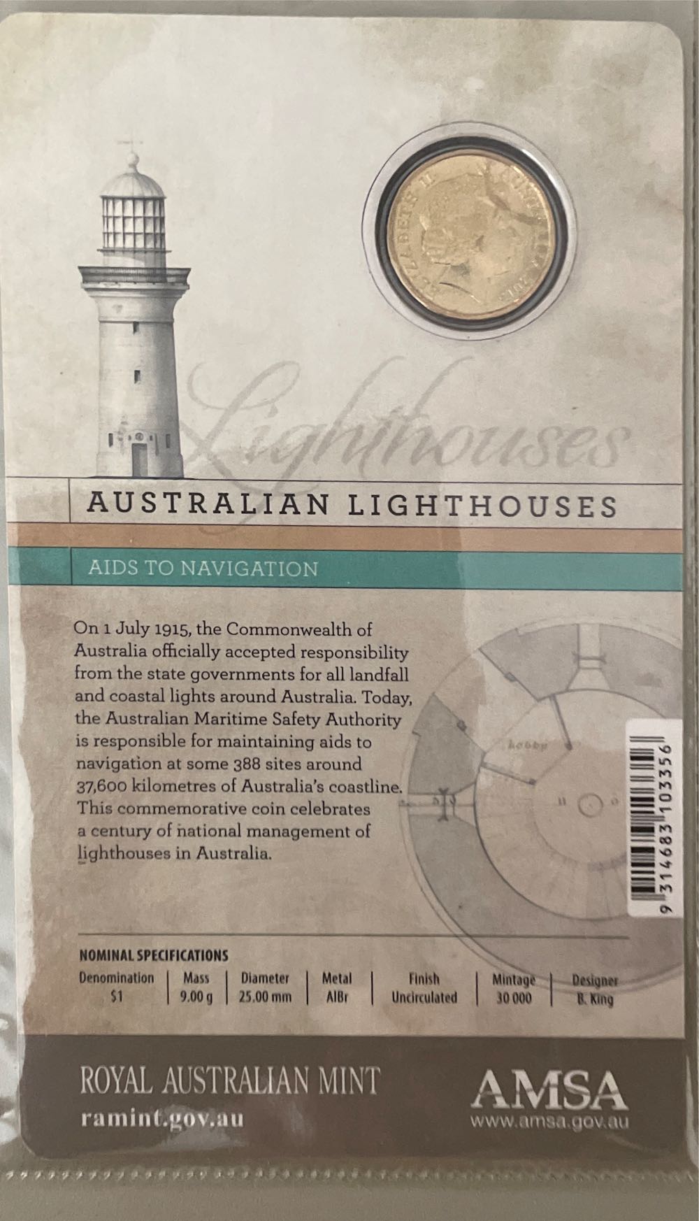 Australian Lighthouses $1 Uncirculated Coin Albr Unc Limited Mintage  coin collectible [Barcode 9314683103356] - Main Image 2