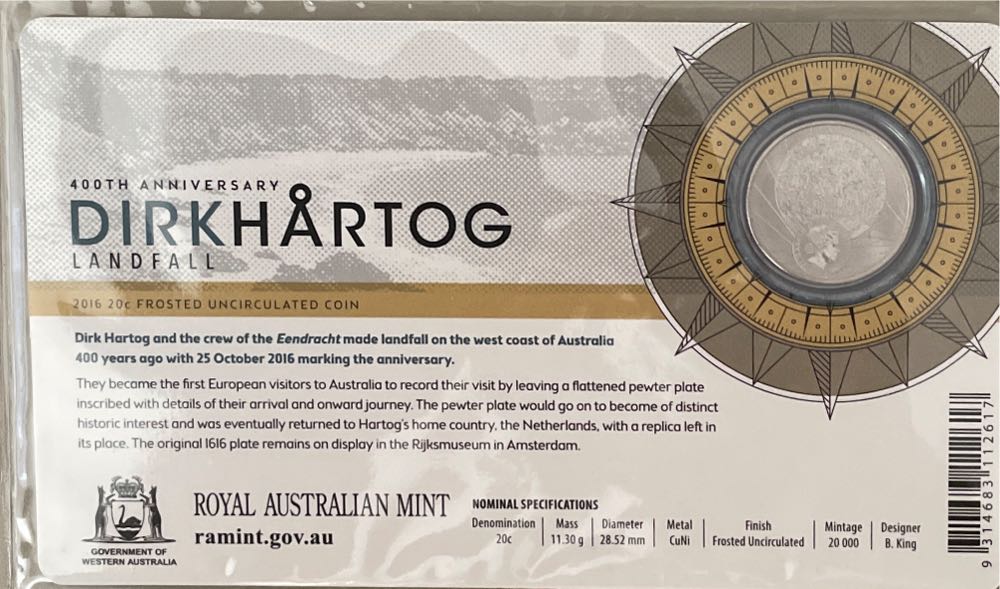 Australia: 20 Cent Dirk Hartog Frosted Unc On Card  coin collectible [Barcode 9314683112617] - Main Image 2