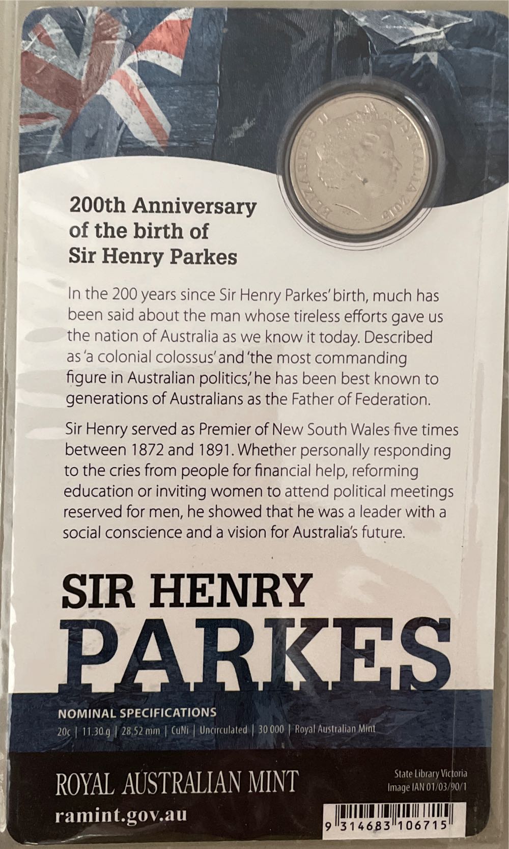 Australian: 20 Cents Sir Henry Parkes On Card ....  coin collectible [Barcode 9314683106715] - Main Image 2