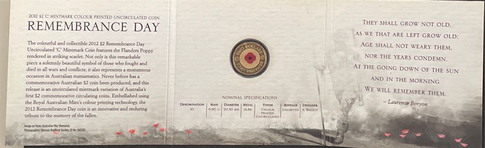 $2 (2012) Coloured Poppy Coin ”c” Mintmark in Unc Ram Folder  coin collectible [Barcode 9314683102724] - Main Image 3