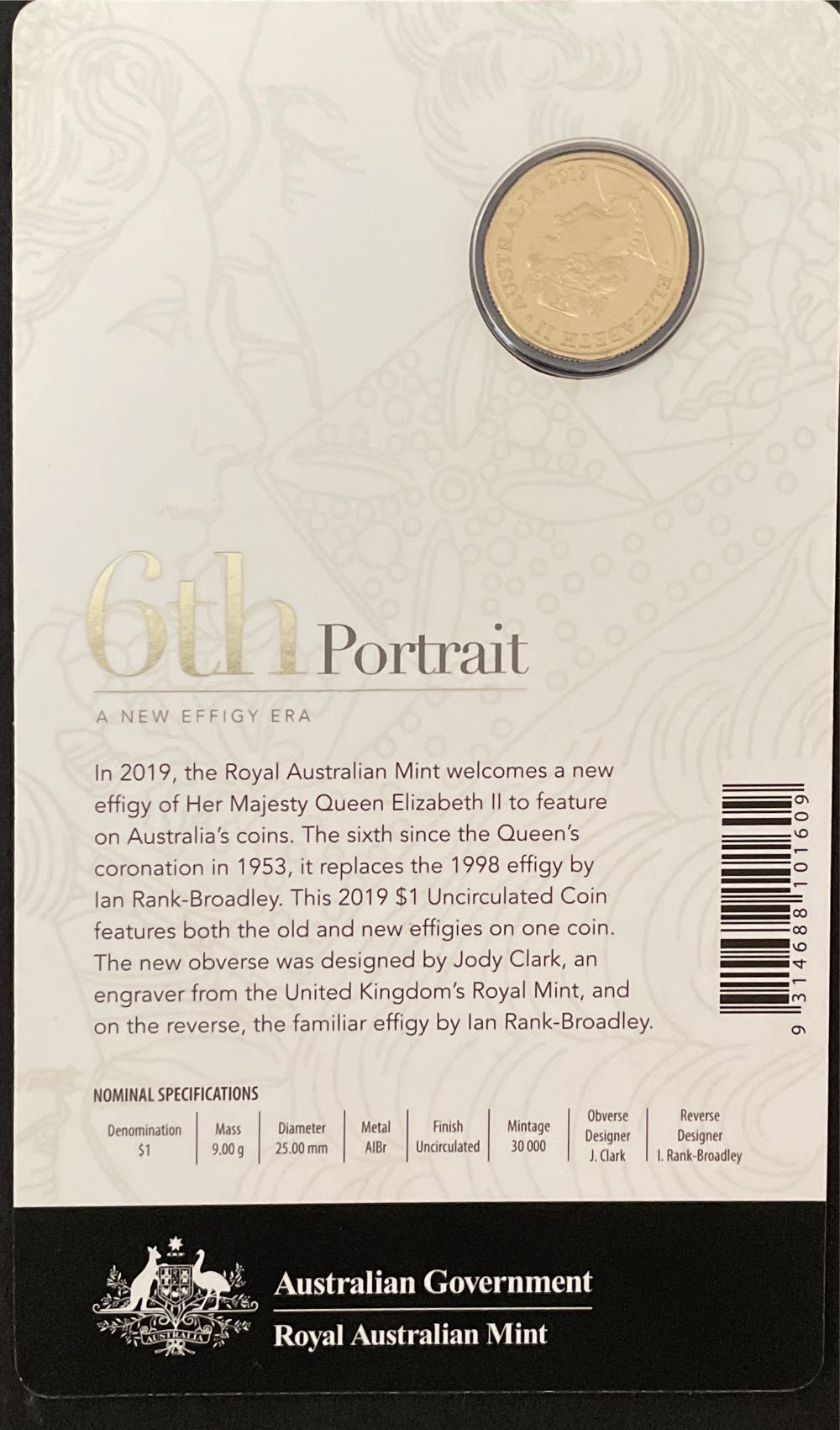 Queen Elizabeth 6th Portrait ”a New Effigy Era” $1 Double Header And Australian On Card Era  coin collectible [Barcode 9314688101609] - Main Image 2