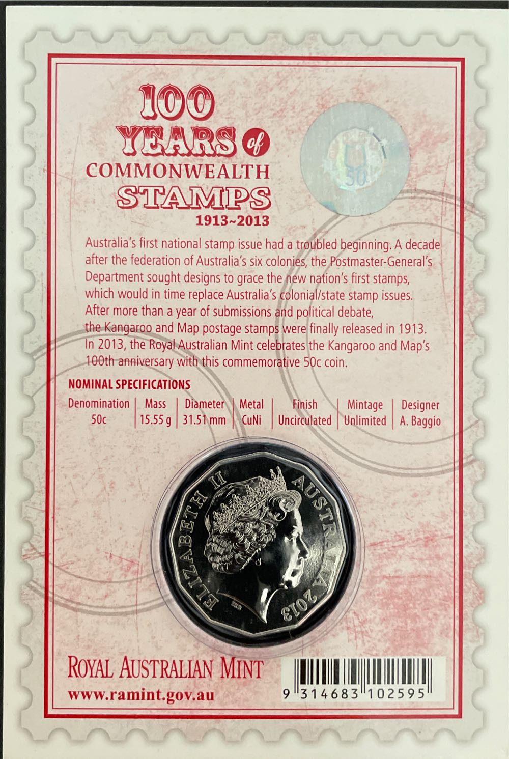 Australian: 50 Cent 100 Years Of Commonwealth Stamps Unc Coin On Card’  coin collectible [Barcode 9314683102595] - Main Image 2