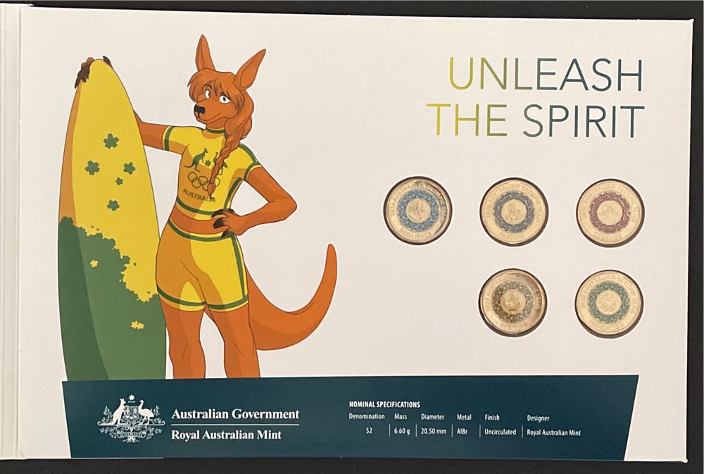 Australia: Tokyo Olympics $2 Albr Coloured Unc 5 Collection Hockey Roo Folder With 5 Coloured Set Folder Olympic Team Dollar Royal Mint Australian Surfing Australia  coin collectible [Barcode 9314688103542] - Main Image 3