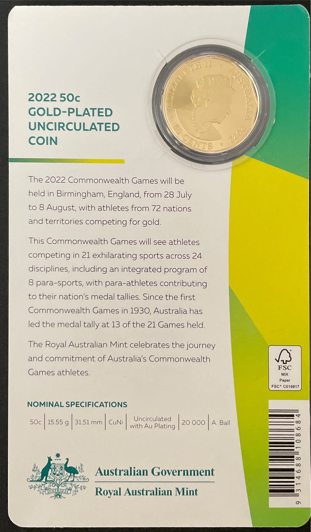 Australia: 50 Cent Gold Plated Commonwealth Games Birmingham Unc Coin .  coin collectible [Barcode 9314688108684] - Main Image 2