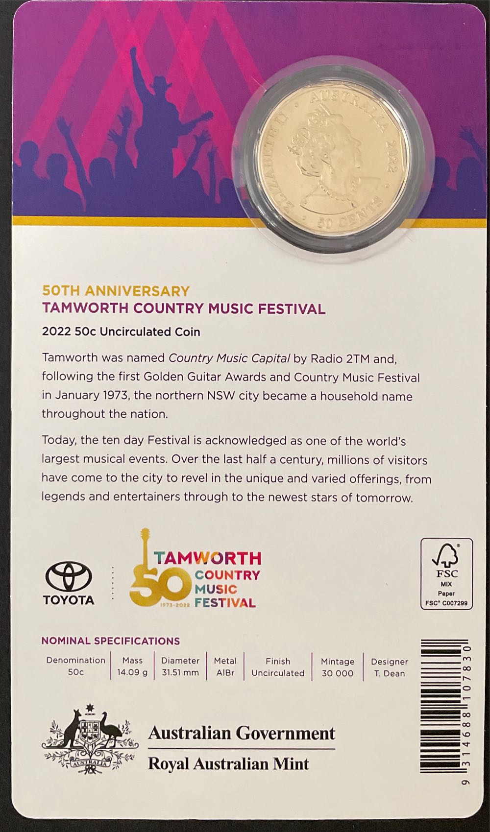 Mint 50c Tamworth Country Music Festival Fifty Cent Coin On Card Unc Ram  coin collectible [Barcode 9314688107830] - Main Image 2