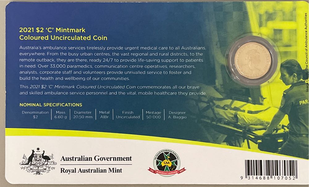 $2 (2021) Coloured “Australian Ambulance Services” C Mintmark Unc  coin collectible [Barcode 9314688107052] - Main Image 2