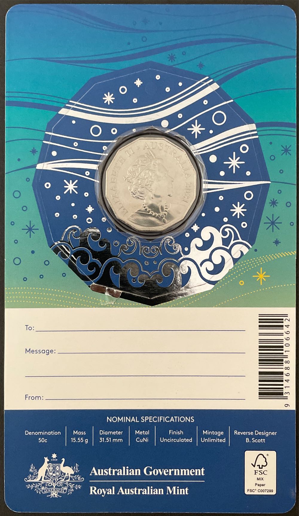 Merry Christmas Summer Australia 50c Unc Decoration Ram Uncirculated  coin collectible [Barcode 9314688106642] - Main Image 2