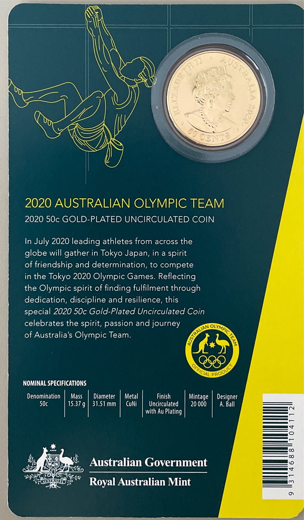 Australian Olympic Team Gold Plated 50c Unc Olympics Tokyo Cent  coin collectible [Barcode 9314688104112] - Main Image 2