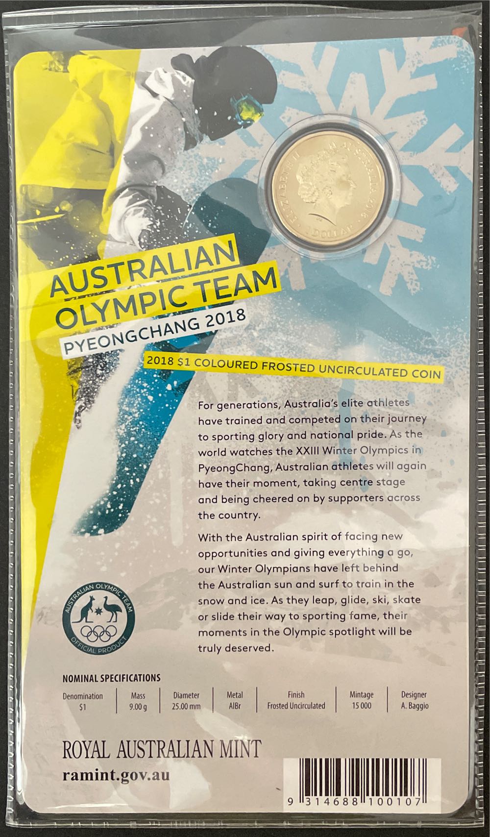 2018 $1 Frosted Unc Australian Olympic Team Pyeongchang Ram  coin collectible [Barcode 9314688100107] - Main Image 2
