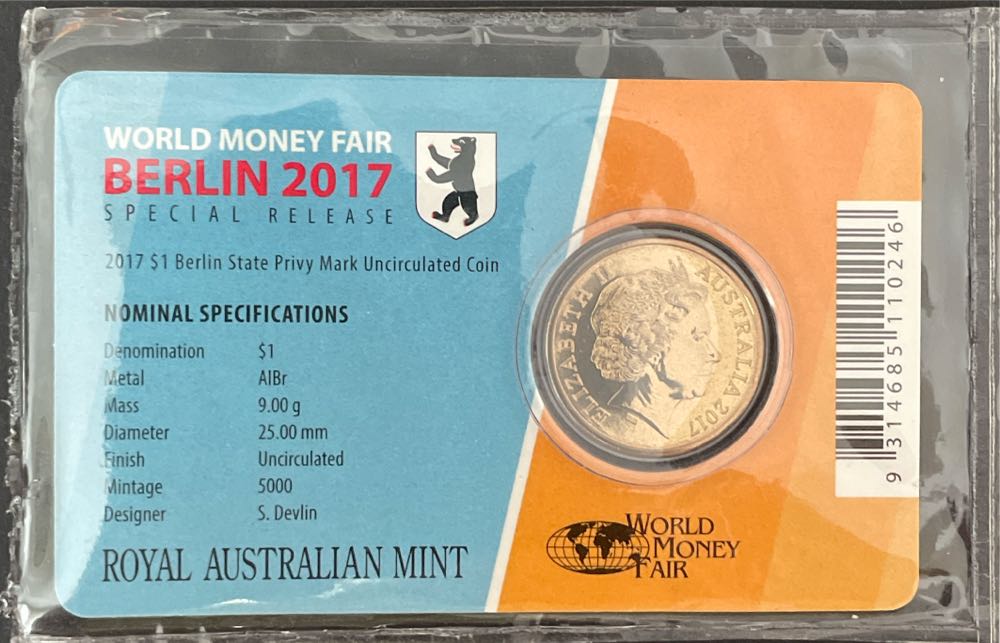 $1 World Money Fair Berlin State Privy Mark On Card Special Release  coin collectible [Barcode 9314685110246] - Main Image 2
