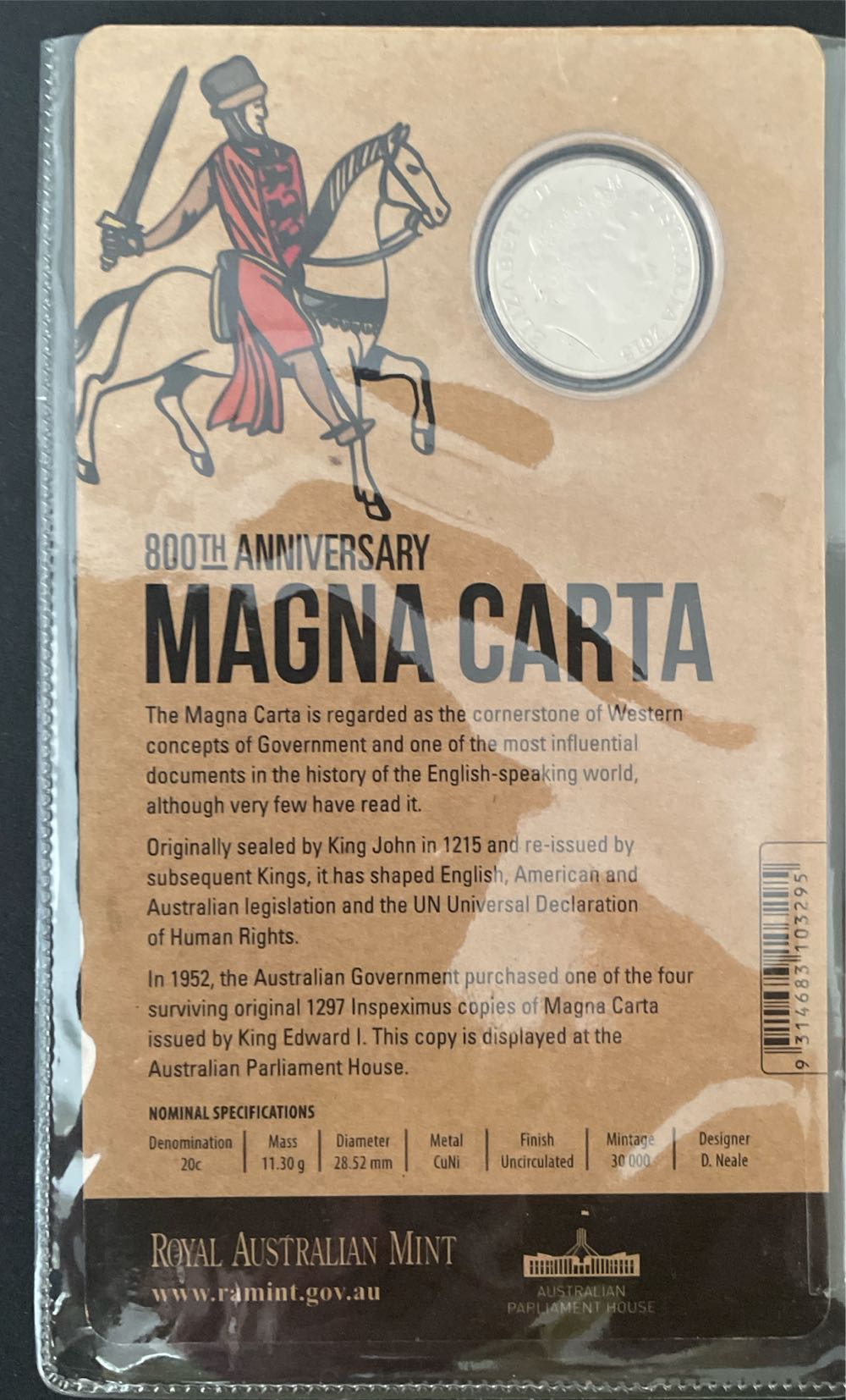 800th Anniversary Of The Magna Carta 20c – Tagged  coin collectible [Barcode 9314683103295] - Main Image 2