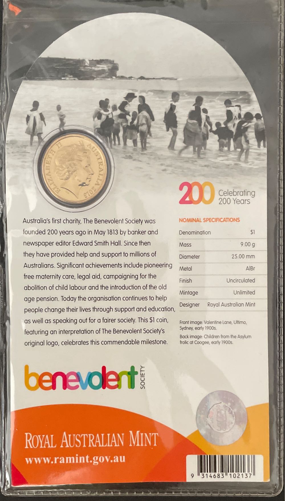Australian: $1 200 Years Of The Benevolent Society Unc On  coin collectible [Barcode 9314683102137] - Main Image 2