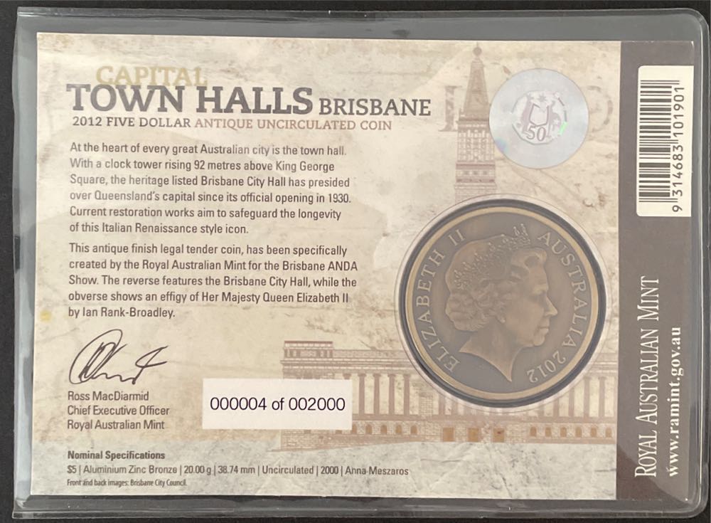 Australian $5 Antique Coin Capital Town Halls ’brisbane’ 000176 Of 002000  coin collectible [Barcode 9314683101901] - Main Image 2