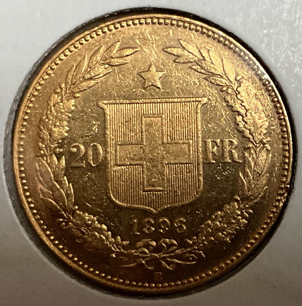 1896-B Switzerland 20 Francs “Confederation”  coin collectible - Main Image 2