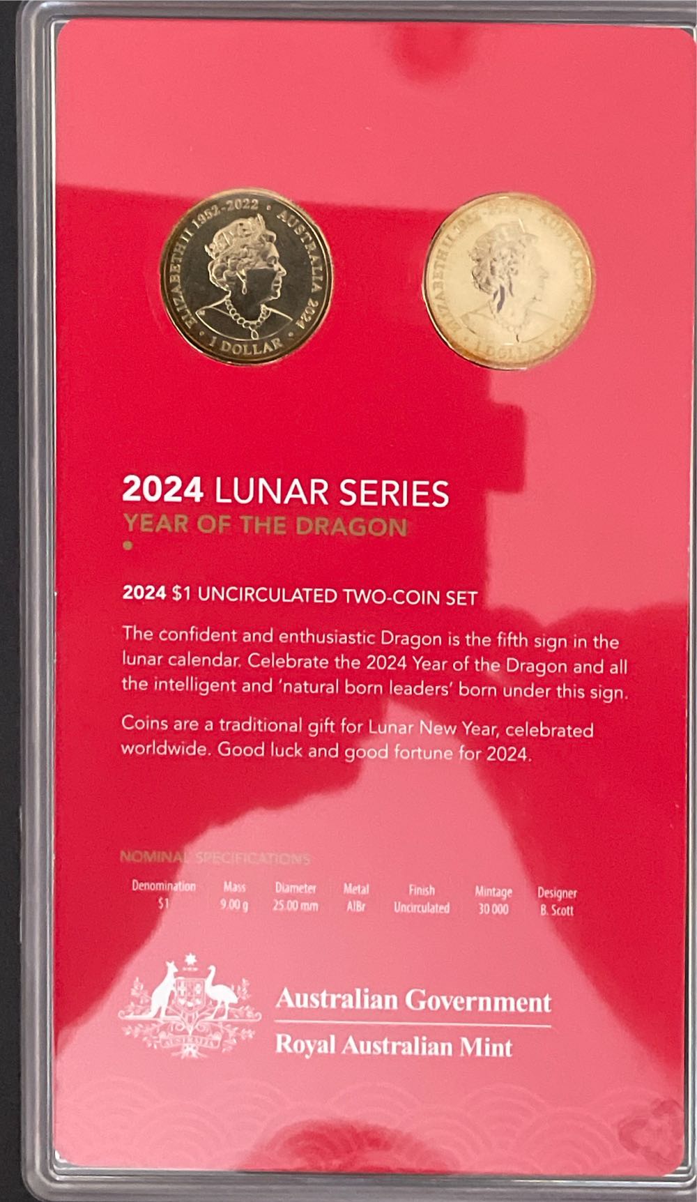Australia Lunar New Year Of Dragon Uncirculated $1 Dollar 2 Coin Set Ram  coin collectible [Barcode 9314688113602] - Main Image 4