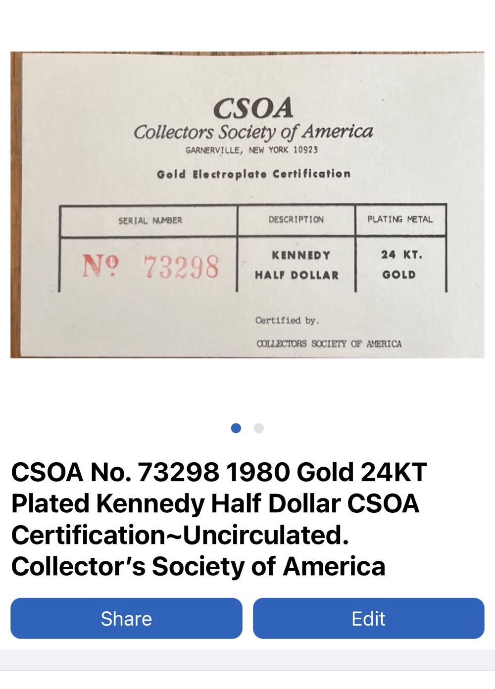 1980 CSOA No. 73298 1980 Gold 24KT Plated Kennedy Half Dollar CSOA Certification~Uncirculated. Collector’s Society of America  coin collectible - Main Image 2