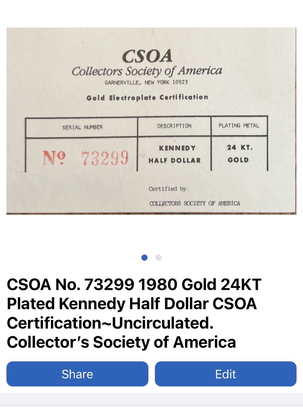 CSOA No. 73299 1980 Gold 24KT Plated Kennedy Half Dollar CSOA Certification~Uncirculated. Collector’s Society of America  coin collectible - Main Image 2