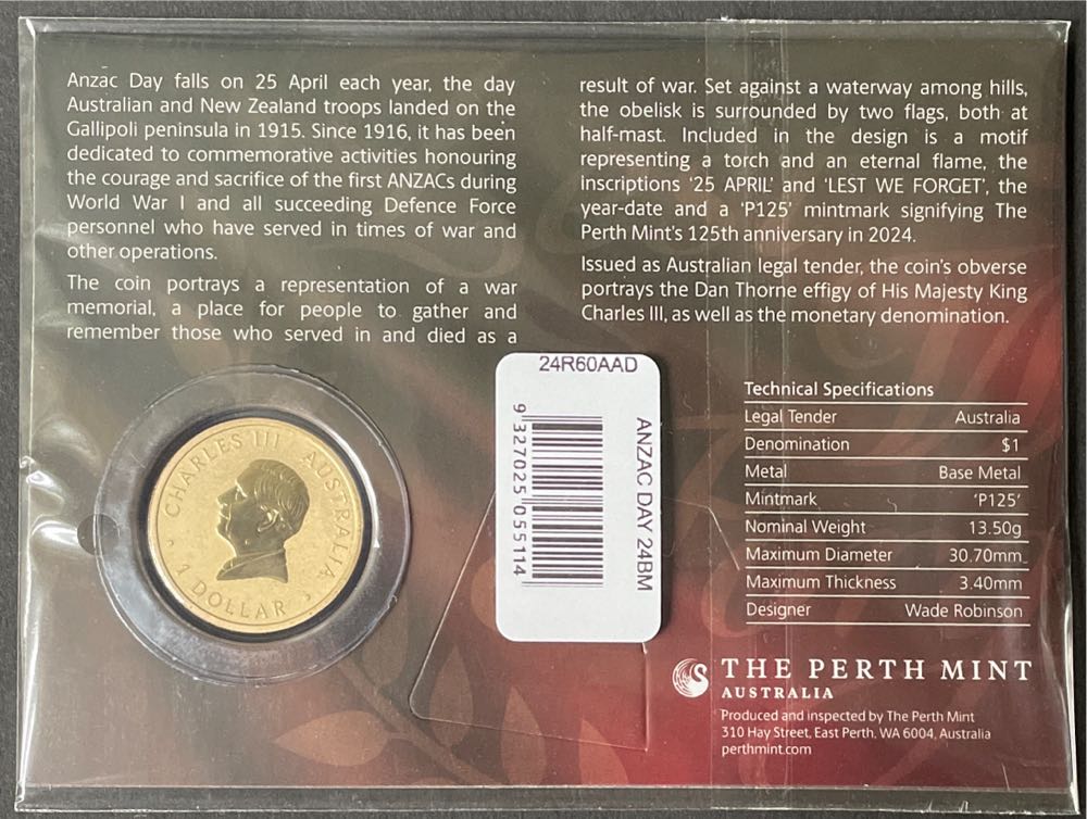 Anzac Day $1 Perth Mint Card Gf Health  coin collectible [Barcode 9327025055114] - Main Image 2