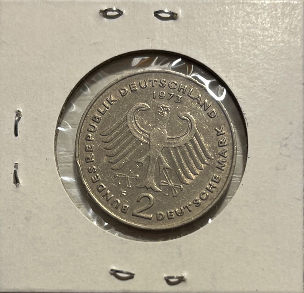 German 1973 F 1949-1969 2 Deutsche Mark Theodor Heuss Commermorative Coin (Mom’s Collection)  coin collectible - Main Image 2