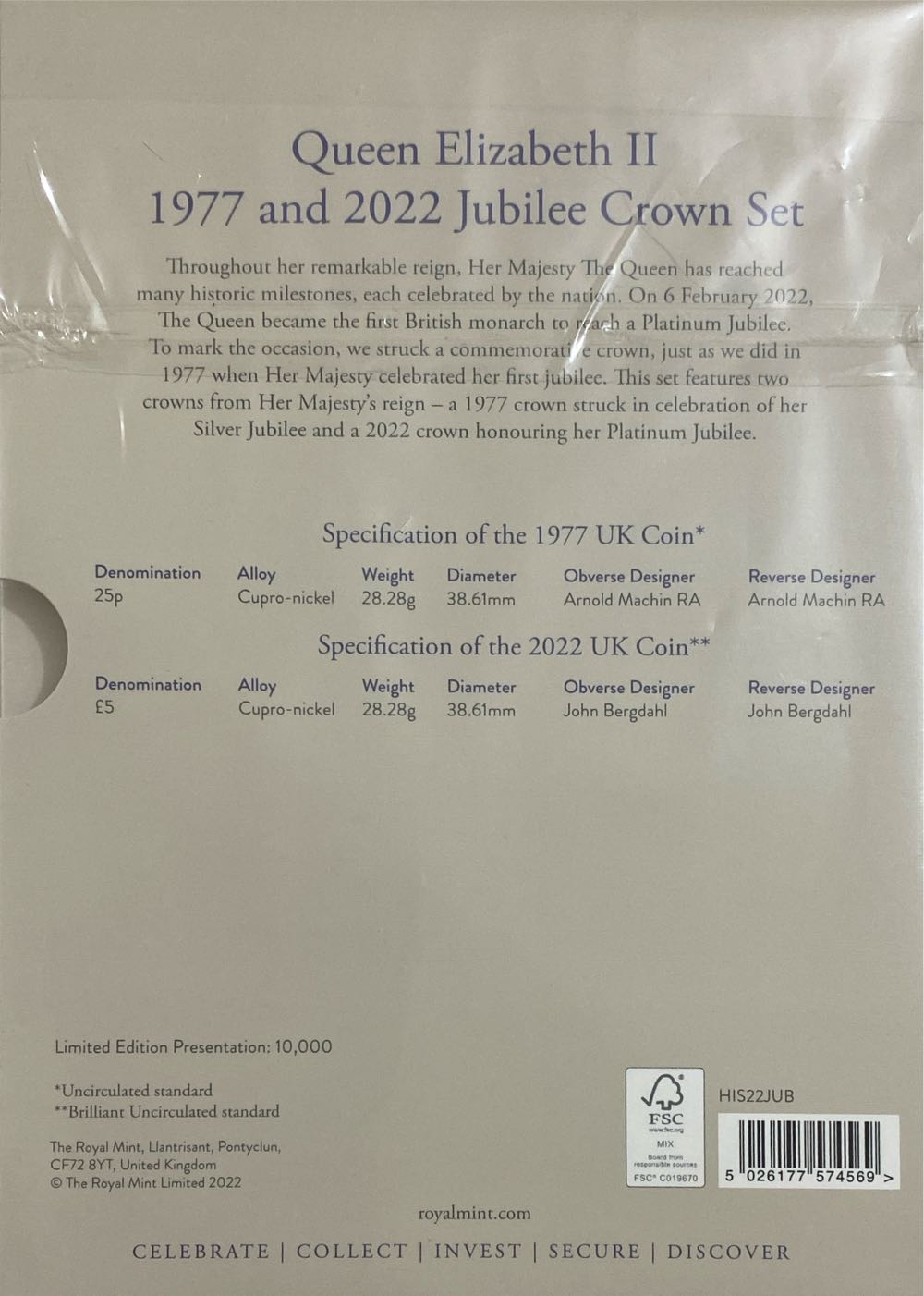 Queen Elizabeth II 1977 And 2022 Jubilee Crown Set  coin collectible [Barcode 5026177574569] - Main Image 2