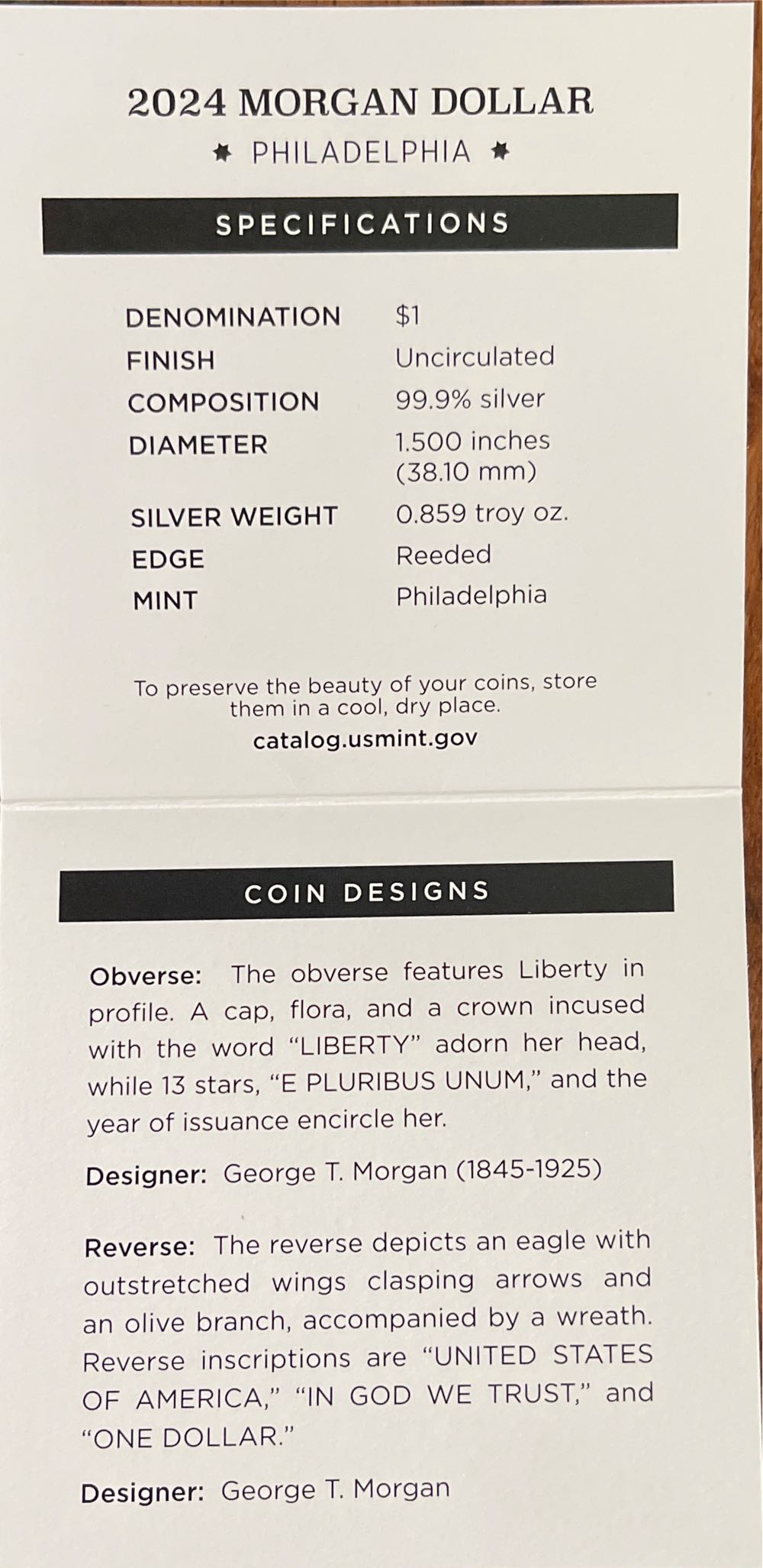 Morgan 2024-P US Mint Silver Dollar Uncirculated 24XE Sticker on back  coin collectible [Barcode 704786560573] - Main Image 4