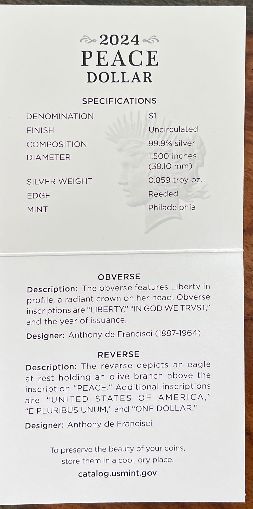 Peace 2024-P US Mint Silver Dollar Uncirculated  24XH Sticker  coin collectible [Barcode 704786560597] - Main Image 4