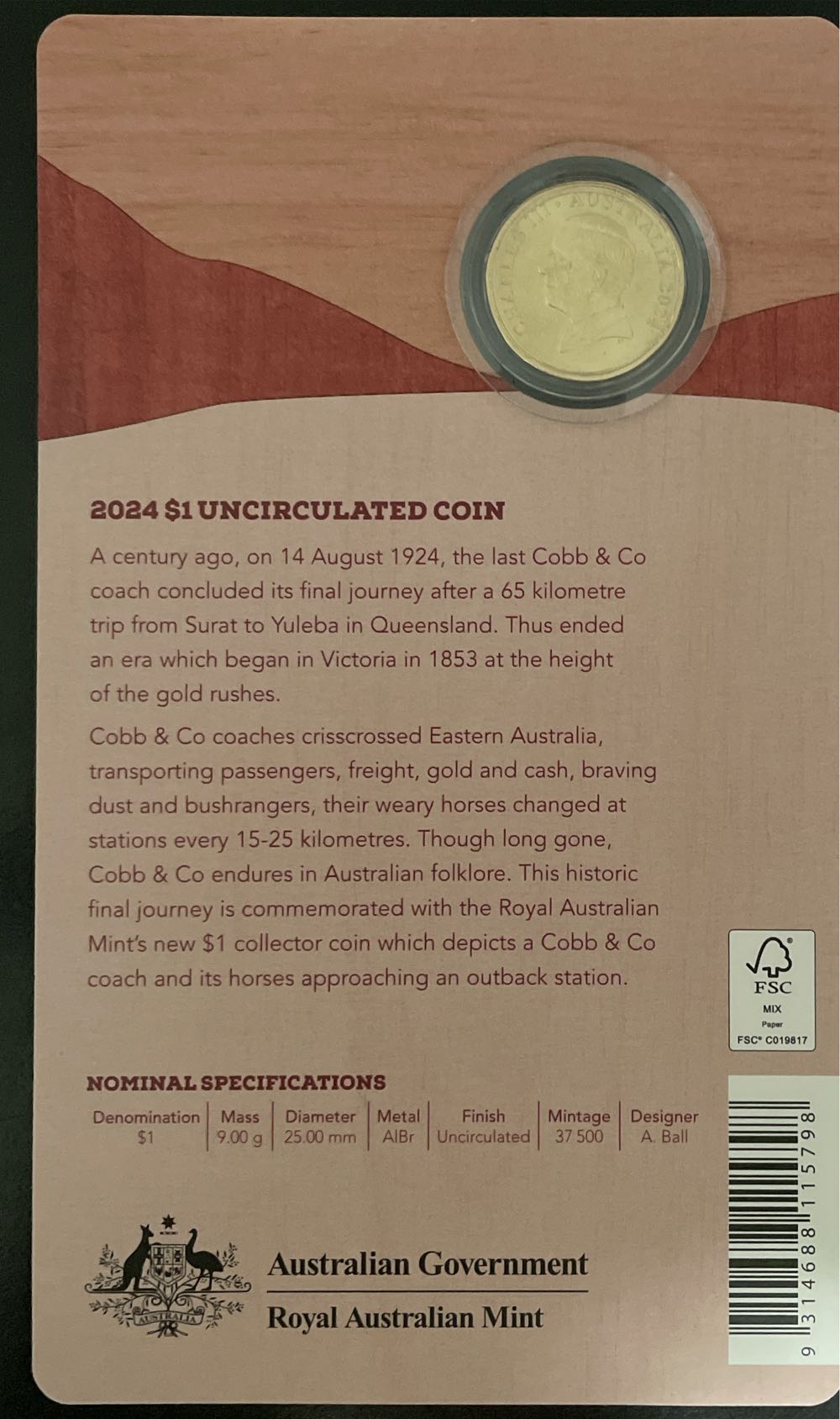 $1 Bb & Centenary Of Last Ach Service Australia Uncirculated In Cobb Coach  coin collectible [Barcode 9314688115798] - Main Image 2