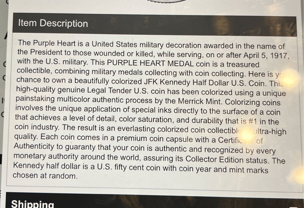 Purple Heart Medal Colorized Jfk Kennedy Half Dollar Coin  coin collectible - Main Image 3