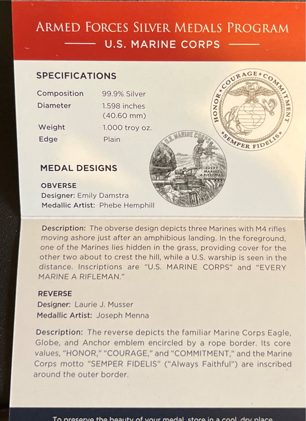 Armed Forces Silver Medals Program U.S. Marine Corps  coin collectible [Barcode 704786340441] - Main Image 4