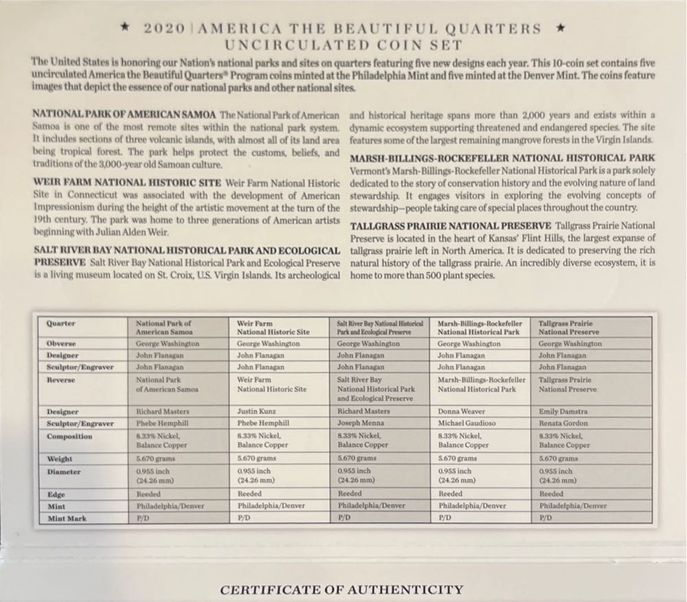 2020 P & D Us Mint America The Beautiful Uncirculated 10 Coin Quarter Set  coin collectible [Barcode 704786160117] - Main Image 2