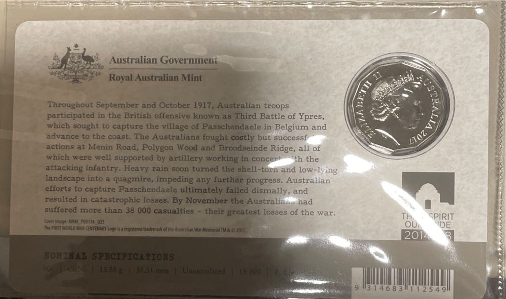 50c Battle of Passchendaele The Western Front  coin collectible [Barcode 9314683112549] - Main Image 2