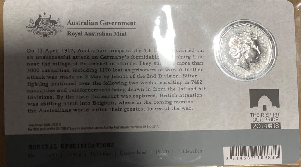 50c Battle Of Bullecourt  coin collectible [Barcode 9314683109839] - Main Image 2