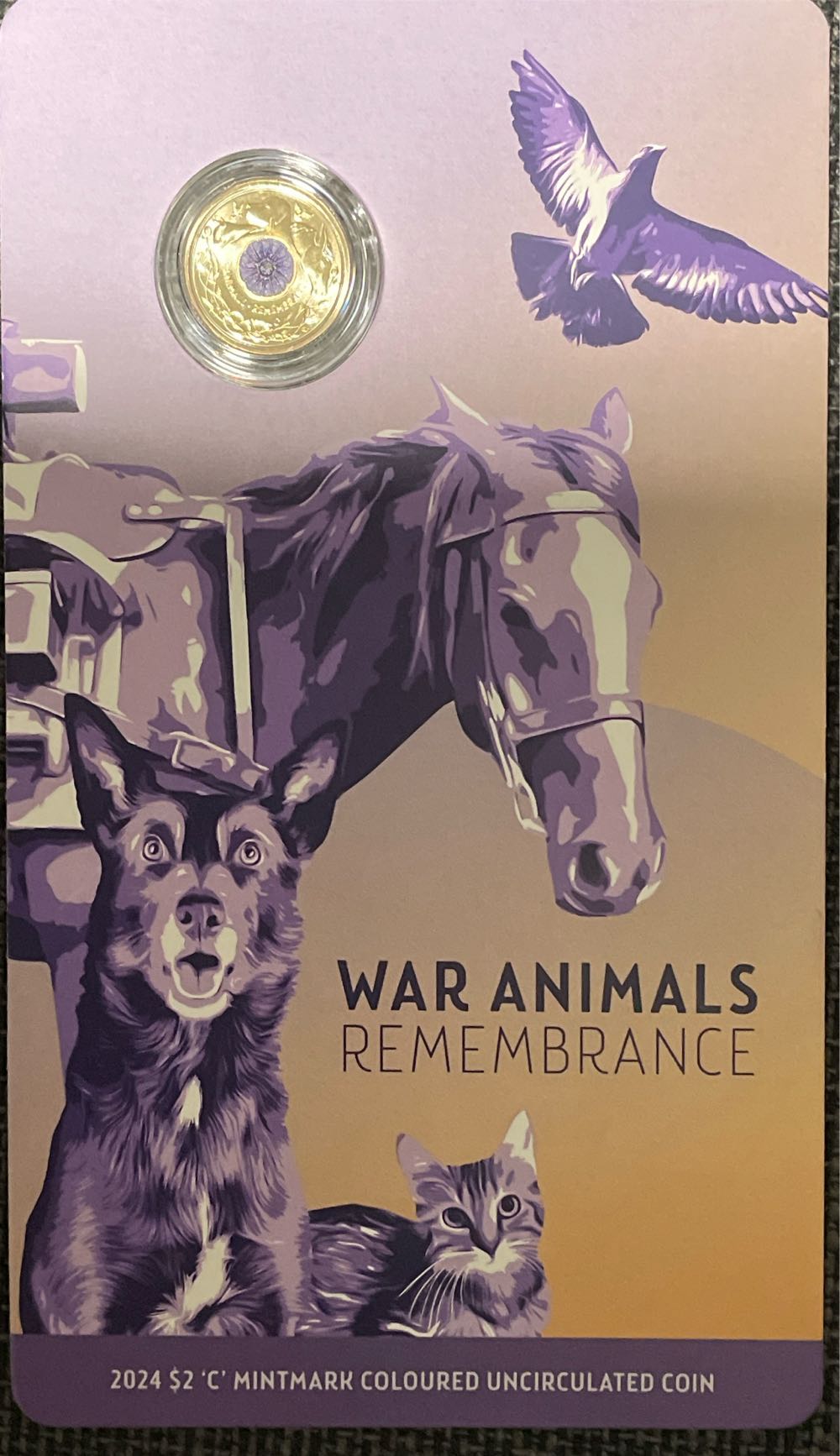 $2 (2024) Coloured Purple Poppy War Animals Remembrance ‘c’ mintmark in Uncirculated RAM Card  coin collectible [Barcode 9314688114135] - Main Image 2