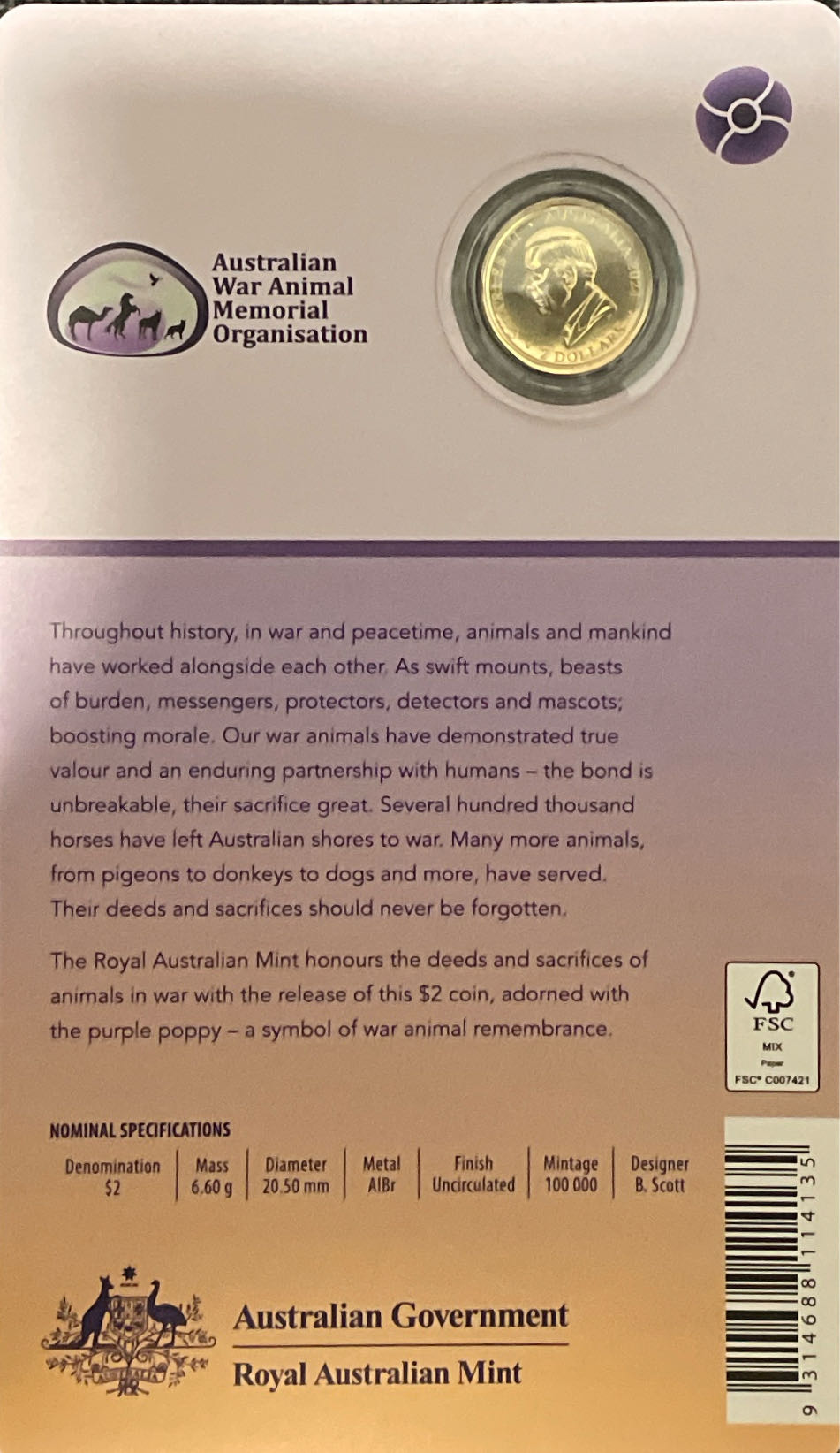 $2 (2024) Coloured Purple Poppy War Animals Remembrance ‘c’ mintmark in Uncirculated RAM Card  coin collectible [Barcode 9314688114135] - Main Image 3