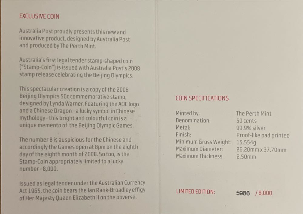 2008 Olympic Games Beijing Legal Tender Stamp - Coin Limited Edition 8000  coin collectible [Barcode 9312650358792] - Main Image 4