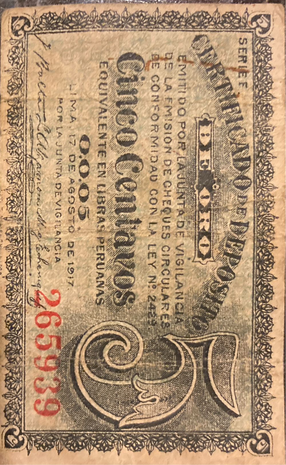 Cinco Centavos (Certificado De Depósito De Oro)  coin collectible - Main Image 3