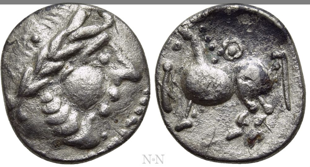 EASTERN EUROPE. Imitations of Philip II of Macedon (2nd-1st centuries BC). Drachm. ”Kugelwange” type.  Obv: Stylized laureate head of Zeus right. Rev: Stylized ho  coin collectible - Main Image 3
