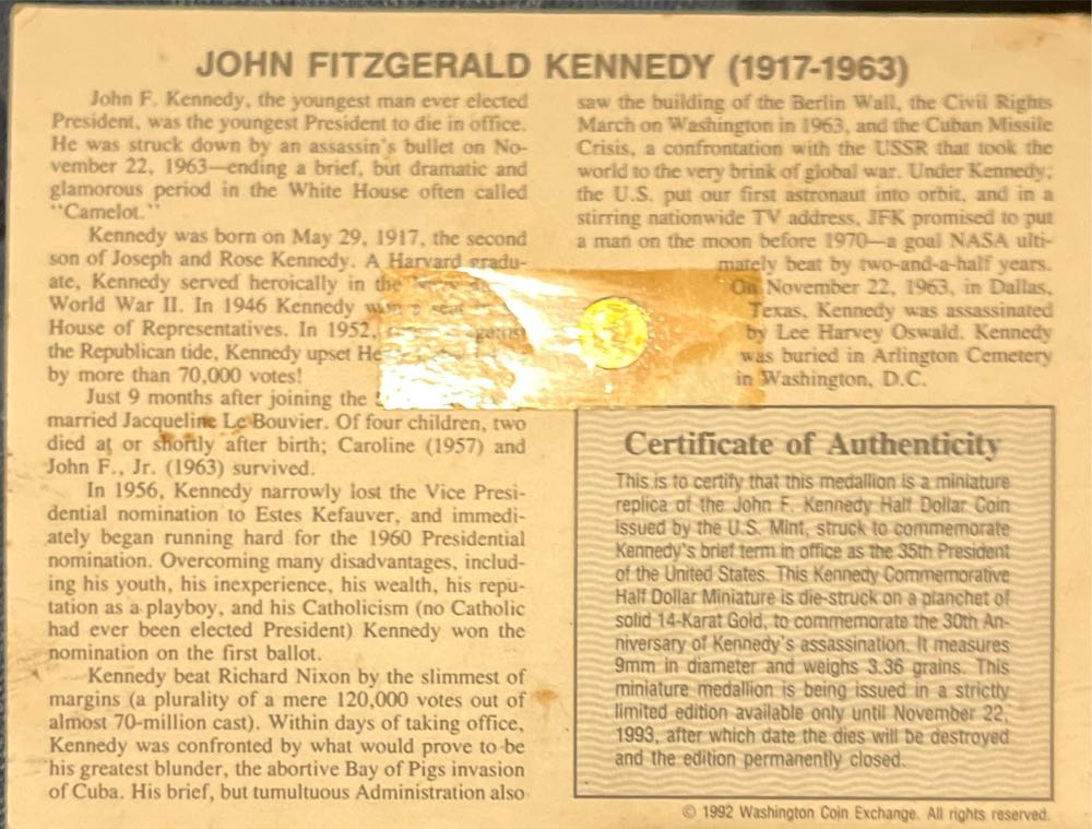 14 Karat Gold John F. Kennedy Memorial Half Dollar  coin collectible - Main Image 2