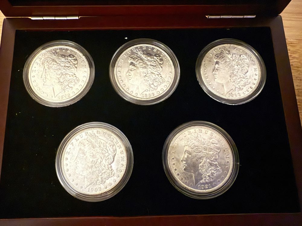 Five Decade Set Of Uncirculated Morgan Silver Dollars 1879,1886,1896,1902,1921  coin collectible - Main Image 2