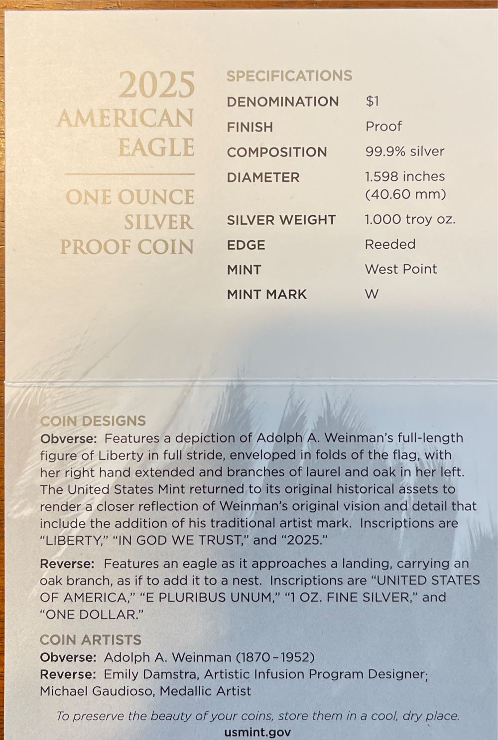 2025 W US Mint American Eagle One Ounce Silver Proof  coin collectible [Barcode 704786670159] - Main Image 4